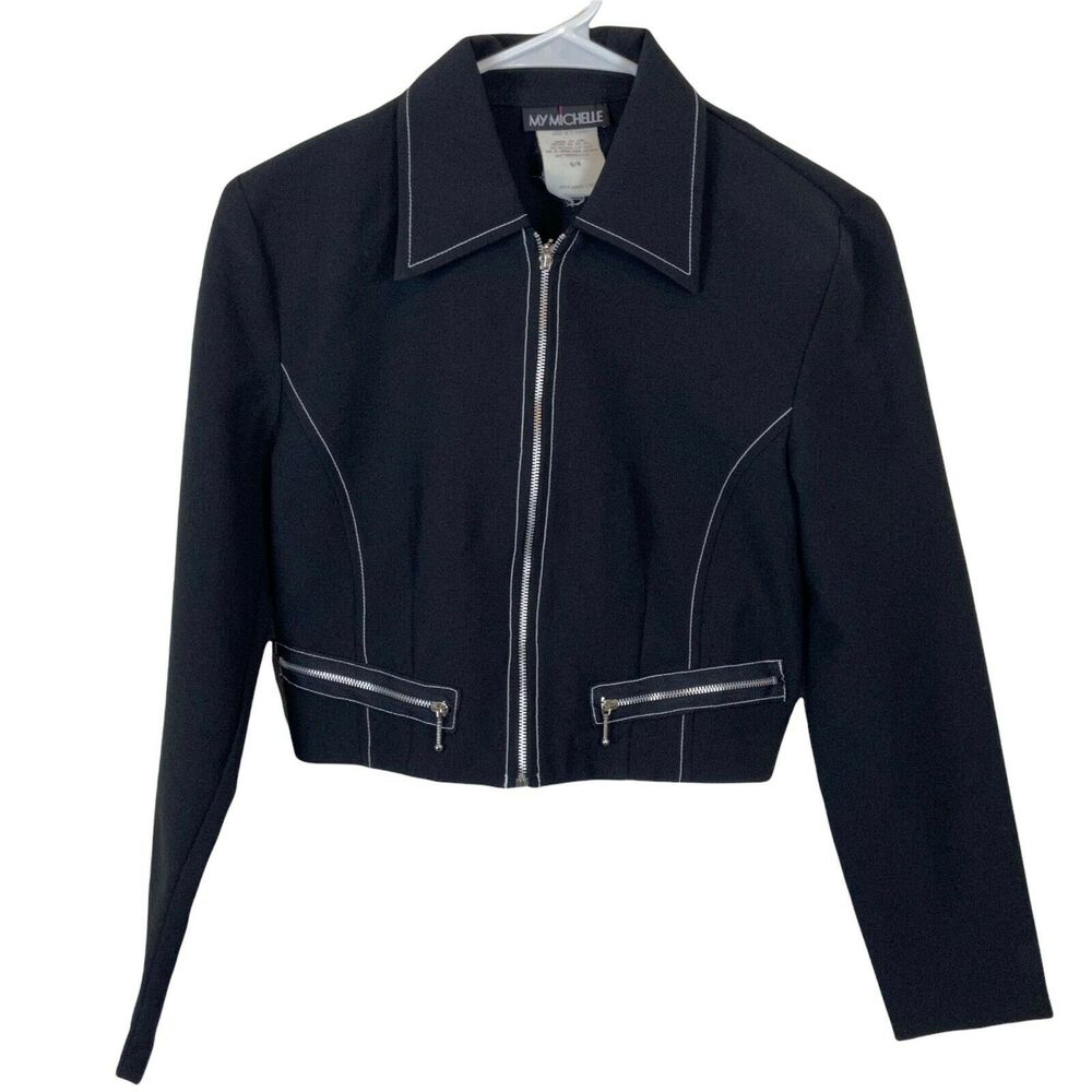 Cropped Blazer Vintage 80s My Michelle Womens Black Collared Full Zip Size 5/6